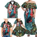 Personalized Brisbane Heat Cricket Family Matching Off Shoulder Maxi Dress and Hawaiian Shirt Hippie Psychedelic Pattern Vibrant Mandala Art Style