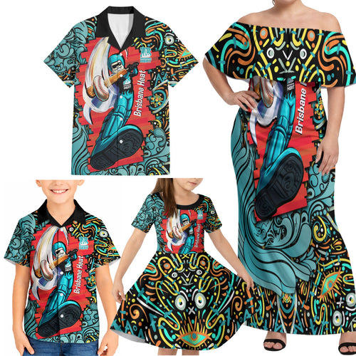 Personalized Brisbane Heat Cricket Family Matching Off Shoulder Maxi Dress and Hawaiian Shirt Hippie Psychedelic Pattern Vibrant Mandala Art Style
