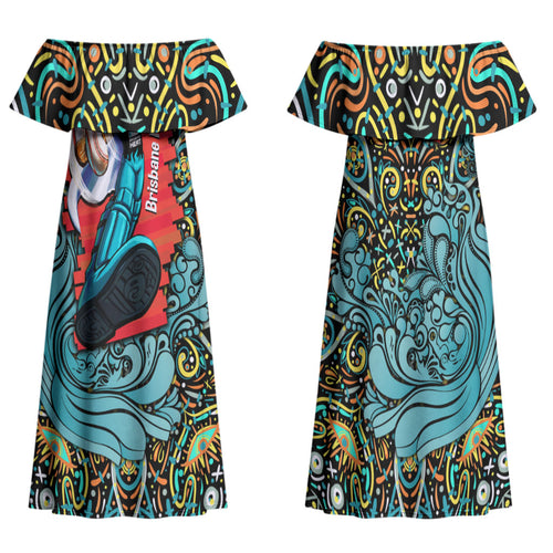 Personalized Brisbane Heat Cricket Family Matching Off Shoulder Maxi Dress and Hawaiian Shirt Hippie Psychedelic Pattern Vibrant Mandala Art Style