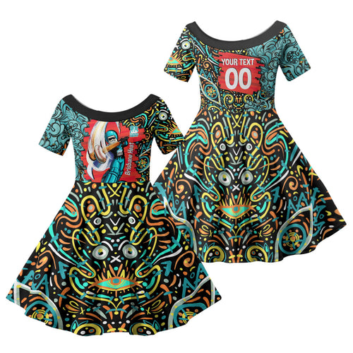 Personalized Brisbane Heat Cricket Family Matching Off Shoulder Maxi Dress and Hawaiian Shirt Hippie Psychedelic Pattern Vibrant Mandala Art Style