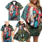 Personalized Brisbane Heat Cricket Family Matching Off Shoulder Short Dress and Hawaiian Shirt Hippie Psychedelic Pattern Vibrant Mandala Art Style