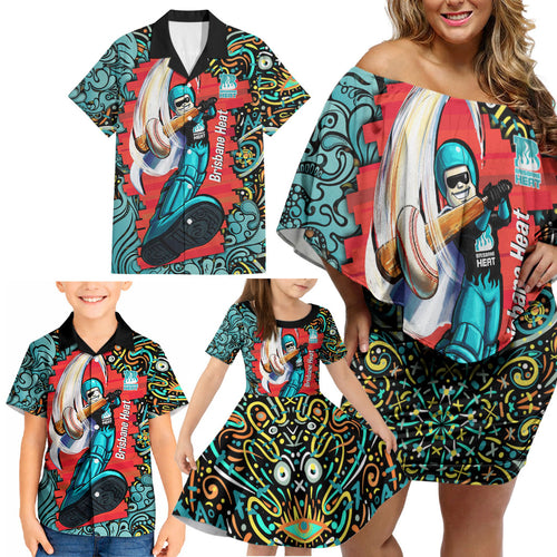 Personalized Brisbane Heat Cricket Family Matching Off Shoulder Short Dress and Hawaiian Shirt Hippie Psychedelic Pattern Vibrant Mandala Art Style