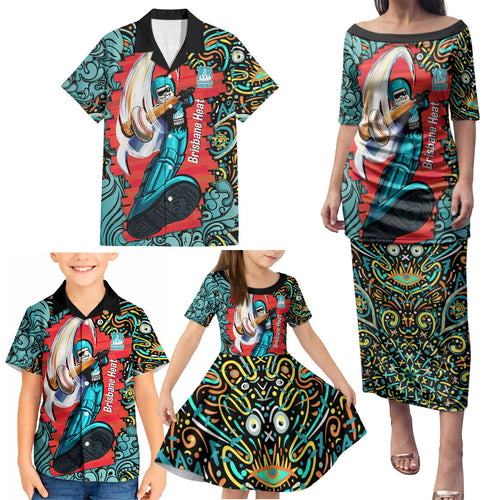 Personalized Brisbane Heat Cricket Family Matching Puletasi and Hawaiian Shirt Hippie Psychedelic Pattern Vibrant Mandala Art Style