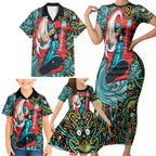 Personalized Brisbane Heat Cricket Family Matching Short Sleeve Bodycon Dress and Hawaiian Shirt Hippie Psychedelic Pattern Vibrant Mandala Art Style