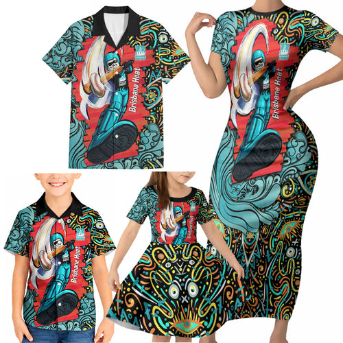 Personalized Brisbane Heat Cricket Family Matching Short Sleeve Bodycon Dress and Hawaiian Shirt Hippie Psychedelic Pattern Vibrant Mandala Art Style