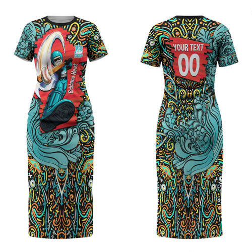 Personalized Brisbane Heat Cricket Family Matching Short Sleeve Bodycon Dress and Hawaiian Shirt Hippie Psychedelic Pattern Vibrant Mandala Art Style