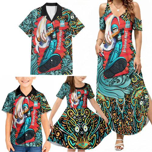 Personalized Brisbane Heat Cricket Family Matching Summer Maxi Dress and Hawaiian Shirt Hippie Psychedelic Pattern Vibrant Mandala Art Style