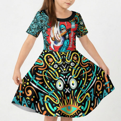 Personalized Brisbane Heat Cricket Kid Short Sleeve Dress Hippie Psychedelic Pattern Vibrant Mandala Art Style
