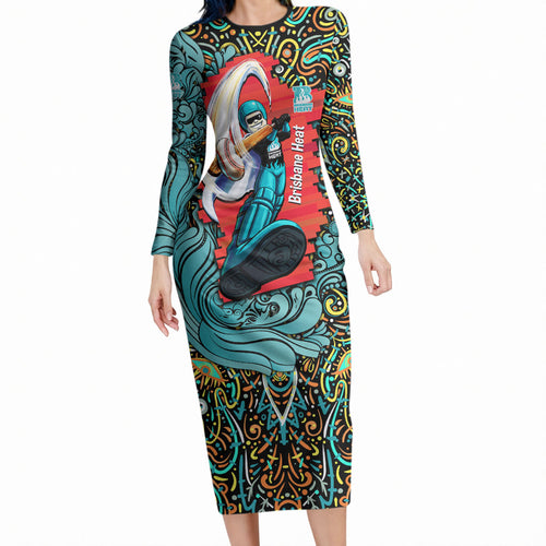 Personalized Brisbane Heat Cricket Long Sleeve Bodycon Dress Hippie Psychedelic Pattern Vibrant Mandala Art Style
