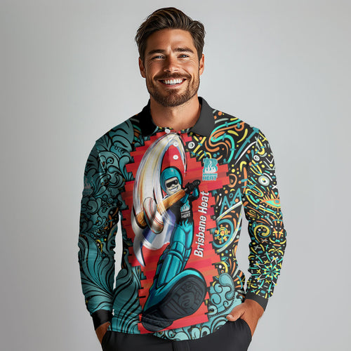 Personalized Brisbane Heat Cricket Long Sleeve Polo Shirt Hippie Psychedelic Pattern Vibrant Mandala Art Style