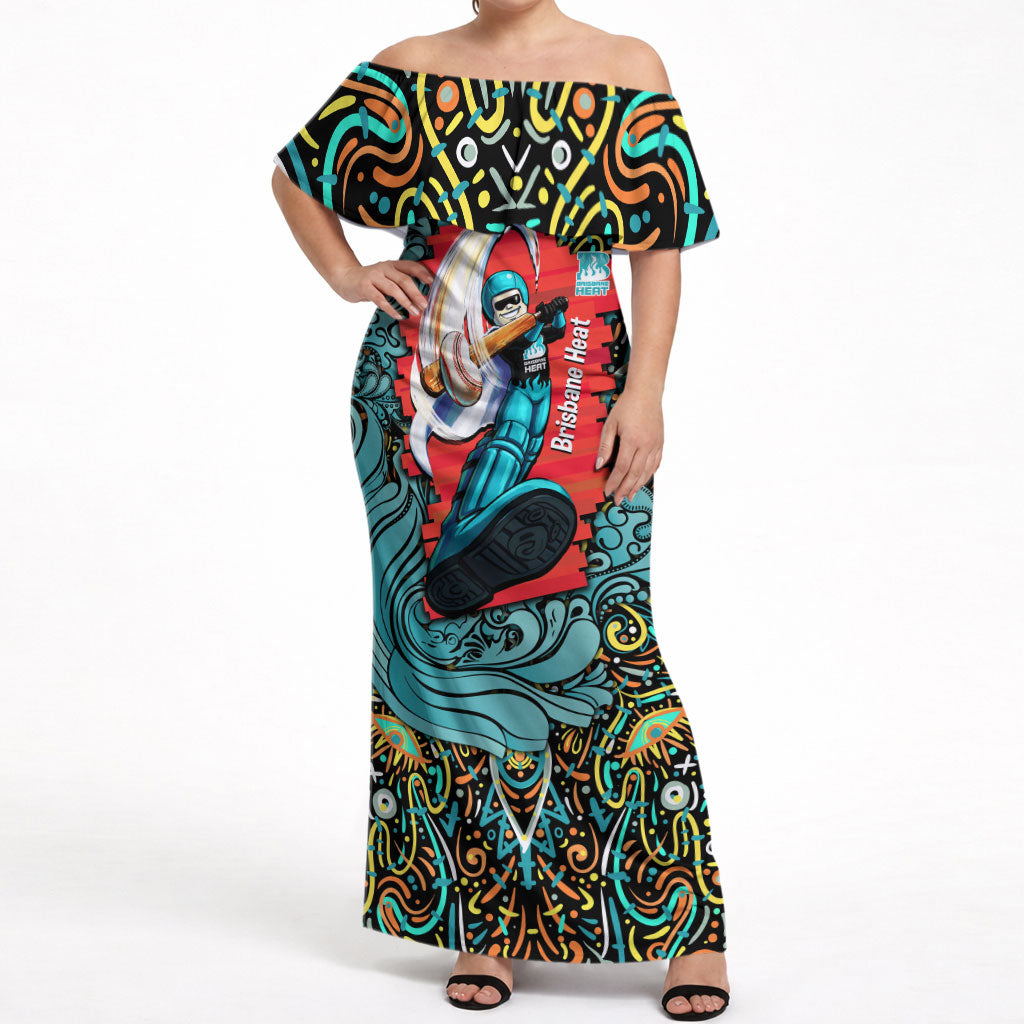 Personalized Brisbane Heat Cricket Off Shoulder Maxi Dress Hippie Psychedelic Pattern Vibrant Mandala Art Style