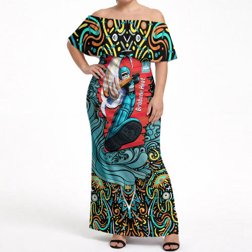 Personalized Brisbane Heat Cricket Off Shoulder Maxi Dress Hippie Psychedelic Pattern Vibrant Mandala Art Style