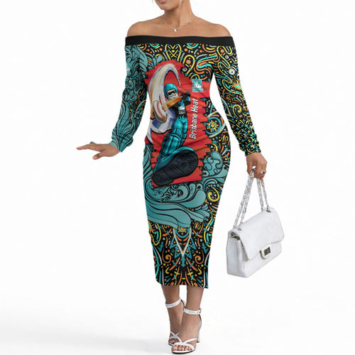 Personalized Brisbane Heat Cricket Off The Shoulder Long Sleeve Dress Hippie Psychedelic Pattern Vibrant Mandala Art Style