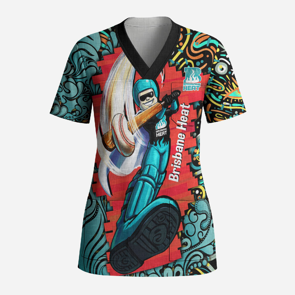 Personalized Brisbane Heat Cricket Scrub Top Hippie Psychedelic Pattern Vibrant Mandala Art Style