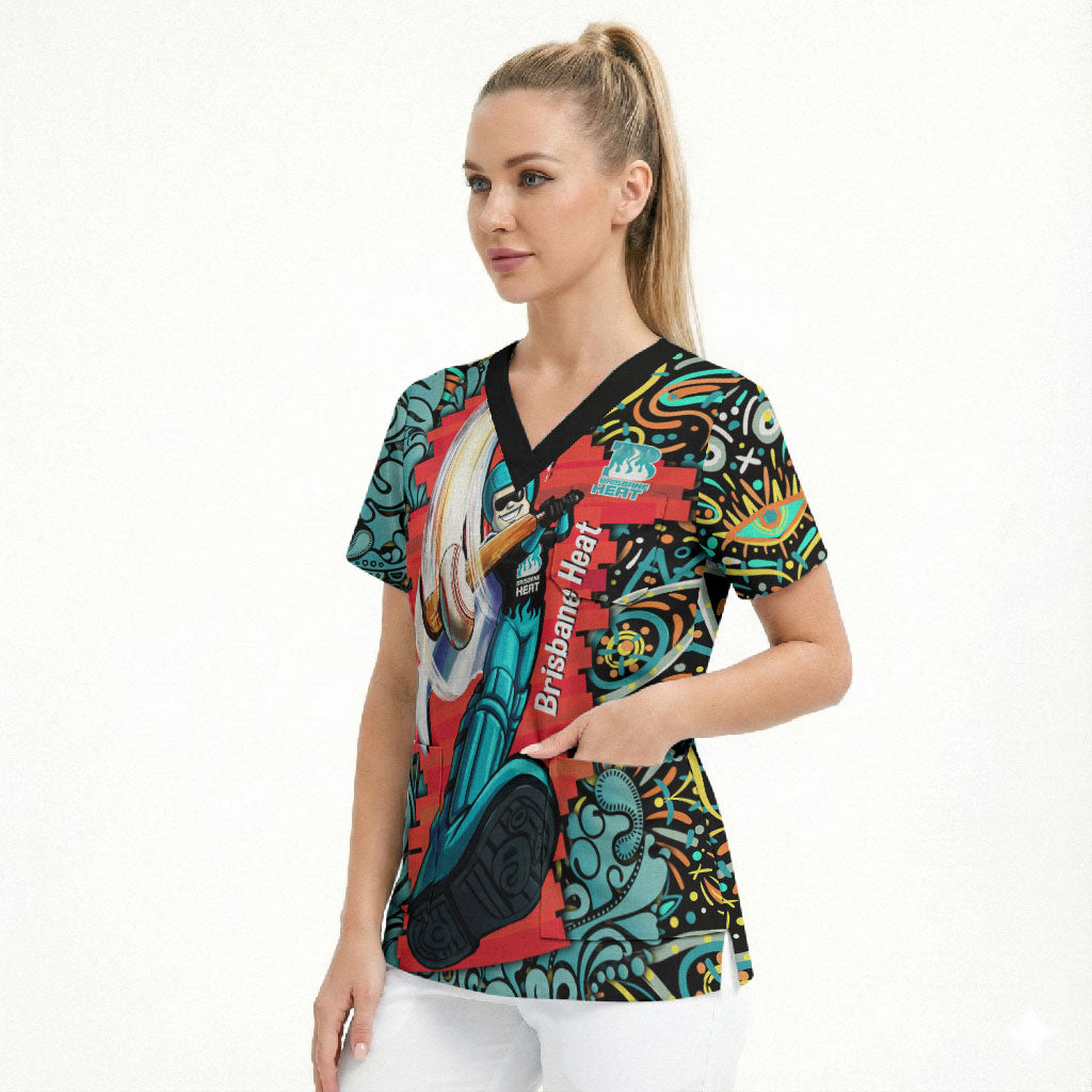 Personalized Brisbane Heat Cricket Scrub Top Hippie Psychedelic Pattern Vibrant Mandala Art Style