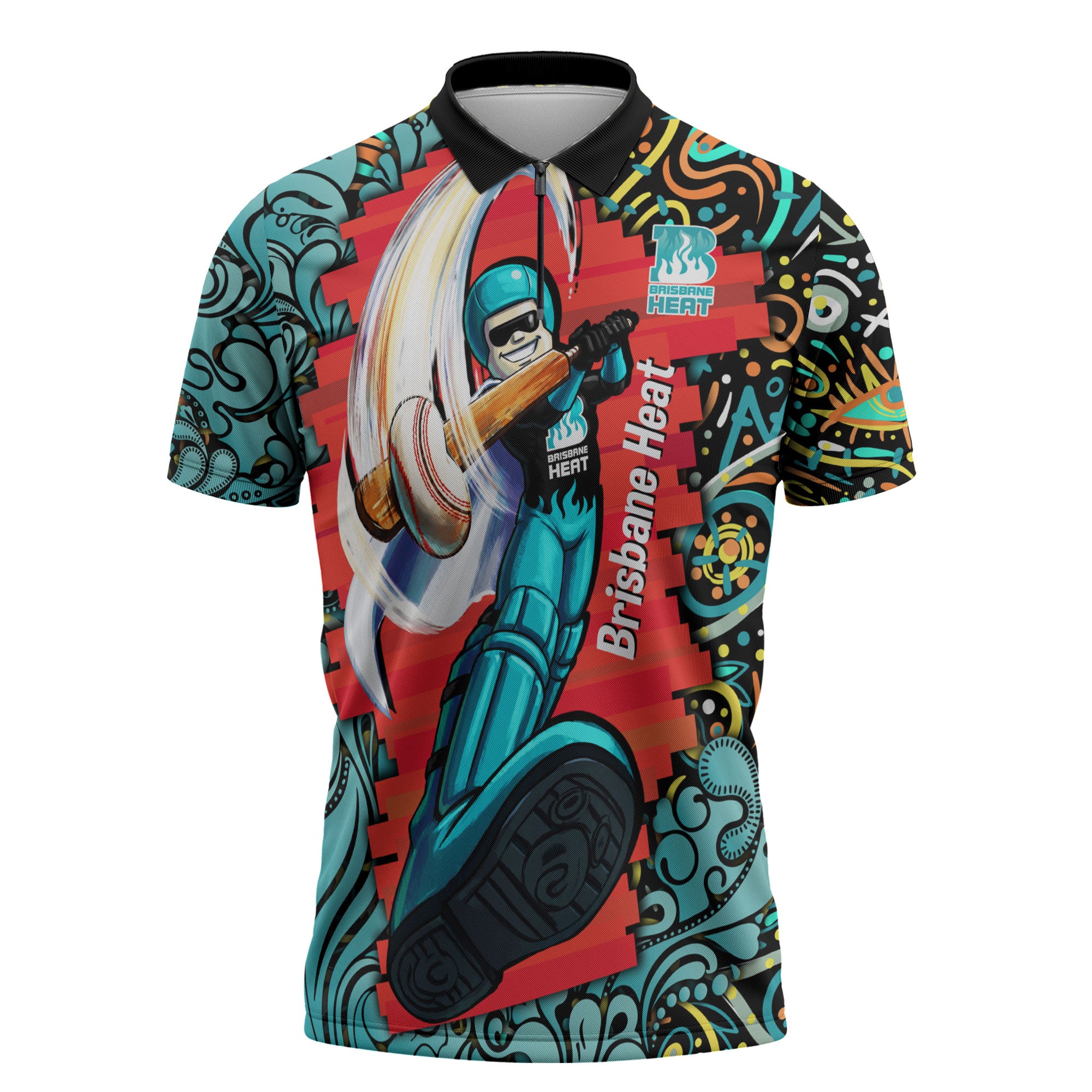Personalized Brisbane Heat Cricket Zipper Polo Shirt Hippie Psychedelic Pattern Vibrant Mandala Art Style