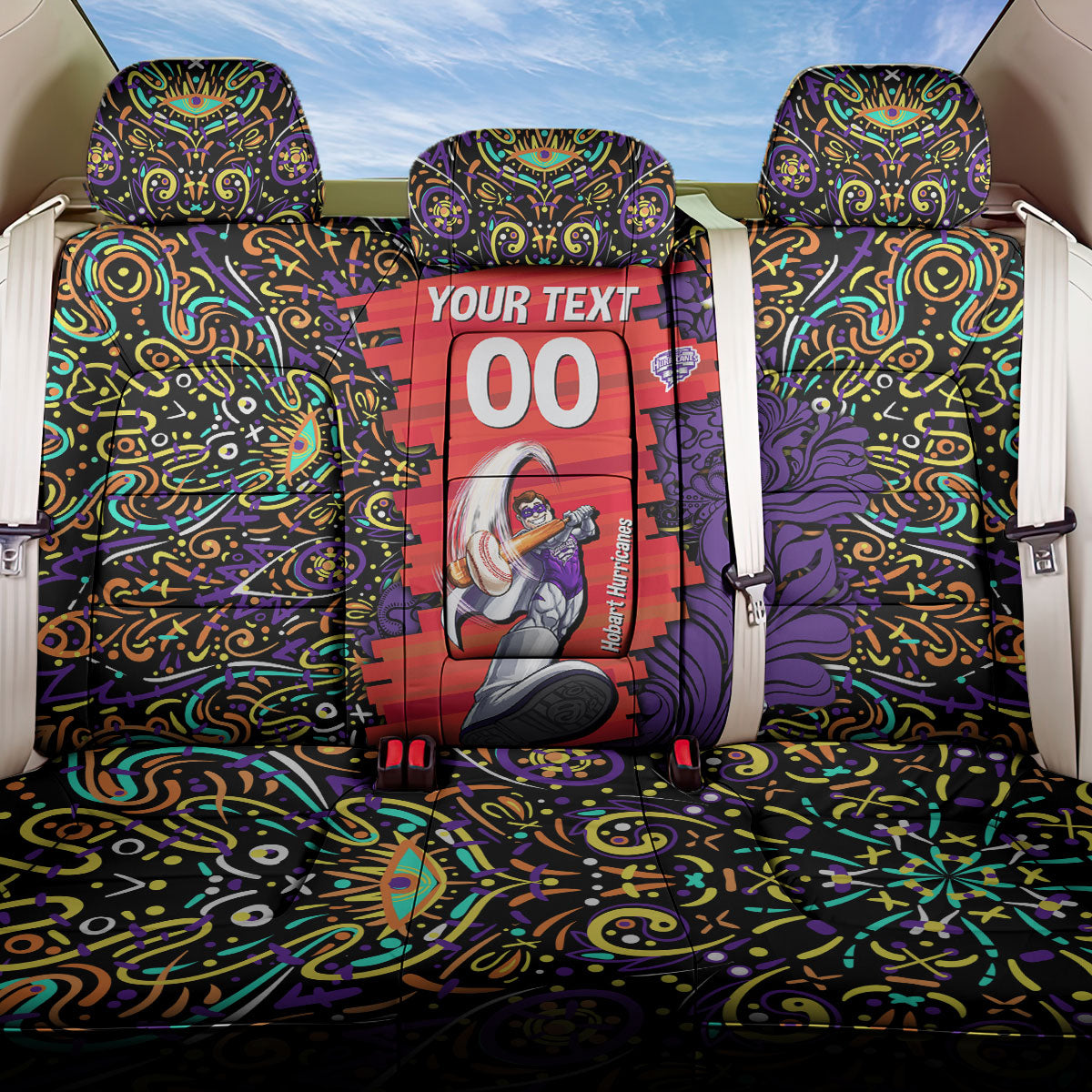 Personalized Hobart Hurricanes Cricket Back Car Seat Cover Hippie Psychedelic Pattern Vibrant Mandala Art Style
