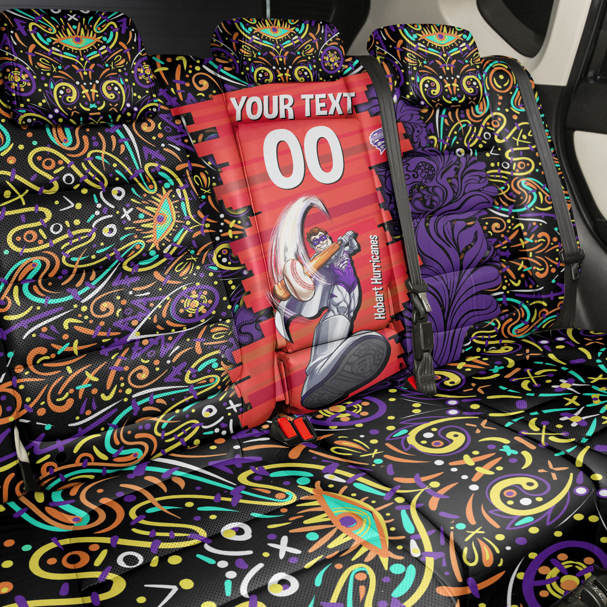 Personalized Hobart Hurricanes Cricket Back Car Seat Cover Hippie Psychedelic Pattern Vibrant Mandala Art Style