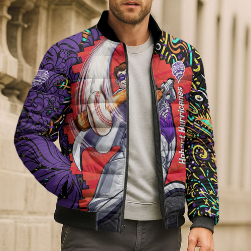 Personalized Hobart Hurricanes Cricket Bomber Puffer Jacket Hippie Psychedelic Pattern Vibrant Mandala Art Style