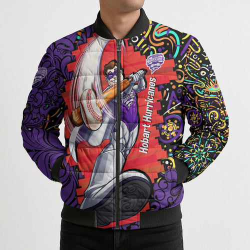Personalized Hobart Hurricanes Cricket Bomber Puffer Jacket Hippie Psychedelic Pattern Vibrant Mandala Art Style