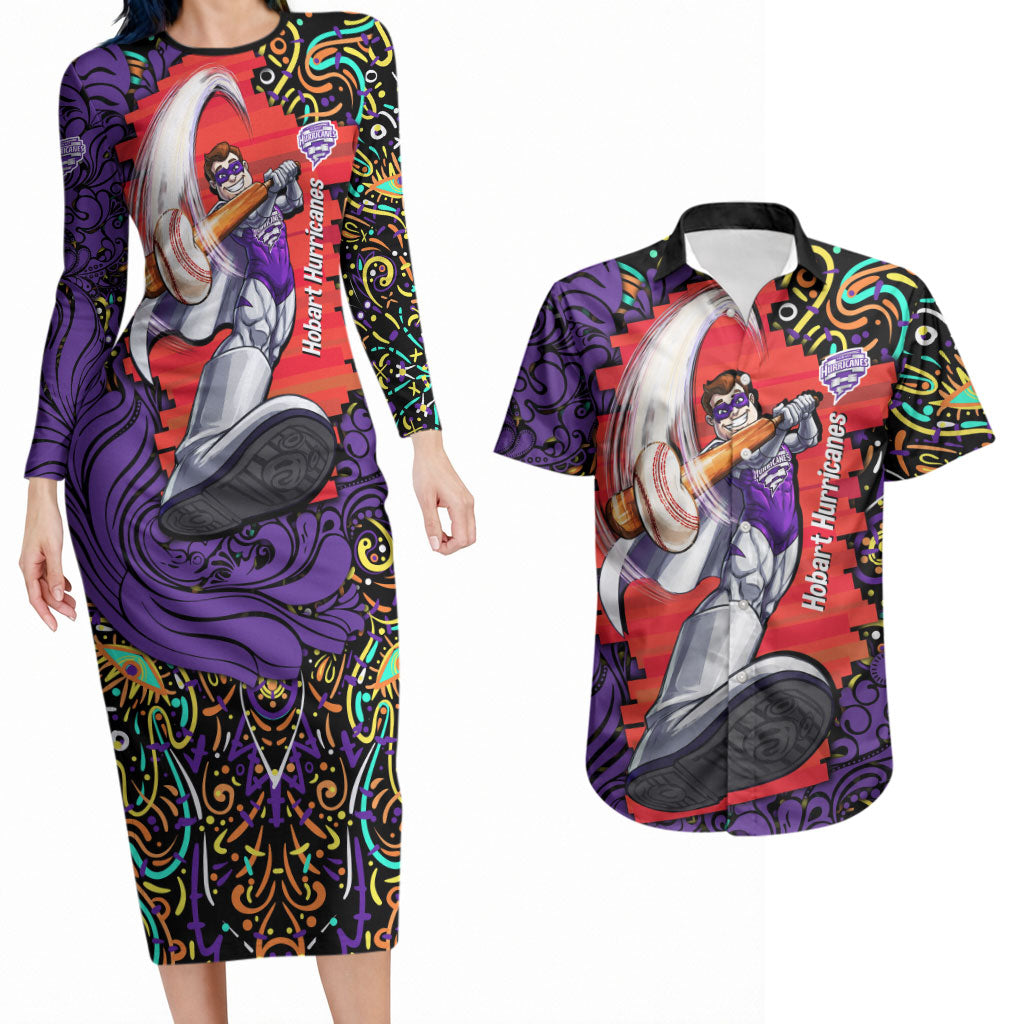 Personalized Hobart Hurricanes Cricket Couples Matching Long Sleeve Bodycon Dress and Hawaiian Shirt Hippie Psychedelic Pattern Vibrant Mandala Art Style