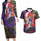 Personalized Hobart Hurricanes Cricket Couples Matching Long Sleeve Bodycon Dress and Hawaiian Shirt Hippie Psychedelic Pattern Vibrant Mandala Art Style