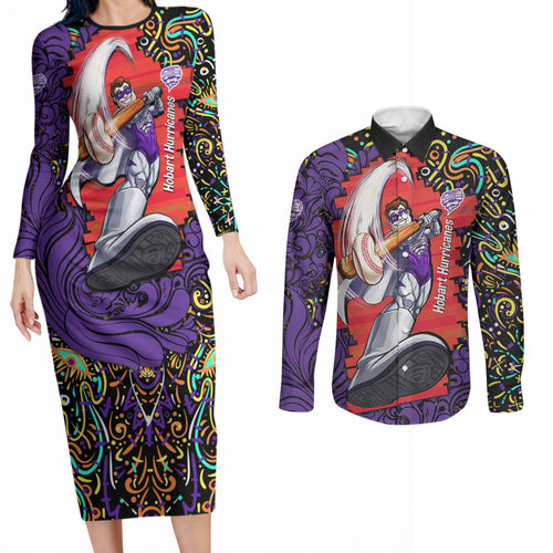 Personalized Hobart Hurricanes Cricket Couples Matching Long Sleeve Bodycon Dress and Long Sleeve Button Shirt Hippie Psychedelic Pattern Vibrant Mandala Art Style