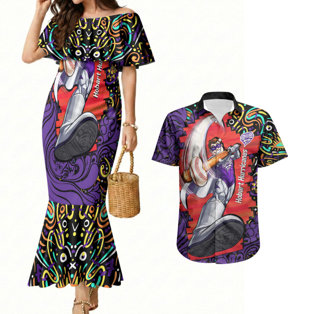 Personalized Hobart Hurricanes Cricket Couples Matching Mermaid Dress and Hawaiian Shirt Hippie Psychedelic Pattern Vibrant Mandala Art Style