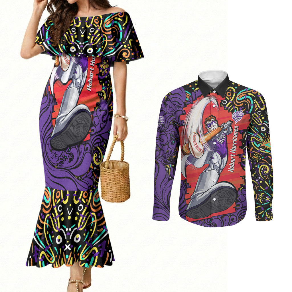 Personalized Hobart Hurricanes Cricket Couples Matching Mermaid Dress and Long Sleeve Button Shirt Hippie Psychedelic Pattern Vibrant Mandala Art Style