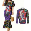 Personalized Hobart Hurricanes Cricket Couples Matching Mermaid Dress and Long Sleeve Button Shirt Hippie Psychedelic Pattern Vibrant Mandala Art Style
