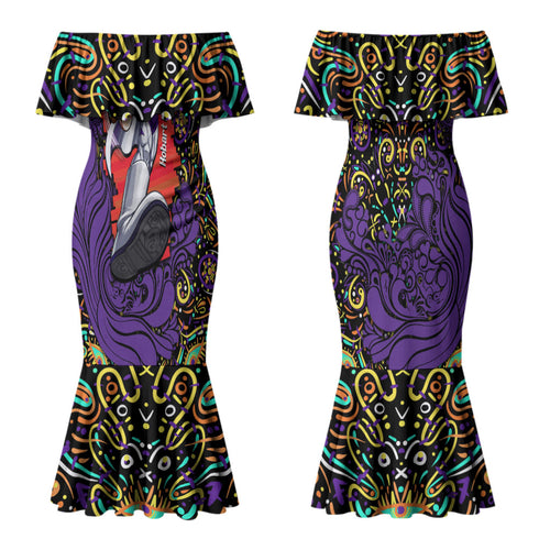 Personalized Hobart Hurricanes Cricket Couples Matching Mermaid Dress and Long Sleeve Button Shirt Hippie Psychedelic Pattern Vibrant Mandala Art Style