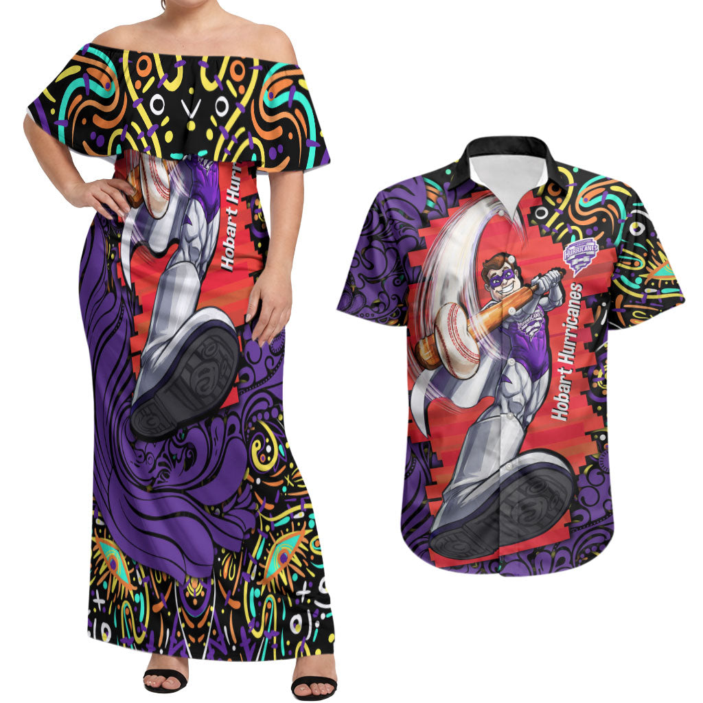 Personalized Hobart Hurricanes Cricket Couples Matching Off Shoulder Maxi Dress and Hawaiian Shirt Hippie Psychedelic Pattern Vibrant Mandala Art Style