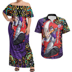 Personalized Hobart Hurricanes Cricket Couples Matching Off Shoulder Maxi Dress and Hawaiian Shirt Hippie Psychedelic Pattern Vibrant Mandala Art Style