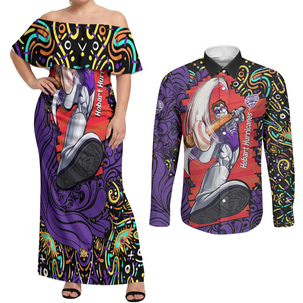 Personalized Hobart Hurricanes Cricket Couples Matching Off Shoulder Maxi Dress and Long Sleeve Button Shirt Hippie Psychedelic Pattern Vibrant Mandala Art Style