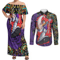 Personalized Hobart Hurricanes Cricket Couples Matching Off Shoulder Maxi Dress and Long Sleeve Button Shirt Hippie Psychedelic Pattern Vibrant Mandala Art Style