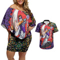 Personalized Hobart Hurricanes Cricket Couples Matching Off Shoulder Short Dress and Hawaiian Shirt Hippie Psychedelic Pattern Vibrant Mandala Art Style