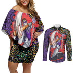 Personalized Hobart Hurricanes Cricket Couples Matching Off Shoulder Short Dress and Long Sleeve Button Shirt Hippie Psychedelic Pattern Vibrant Mandala Art Style