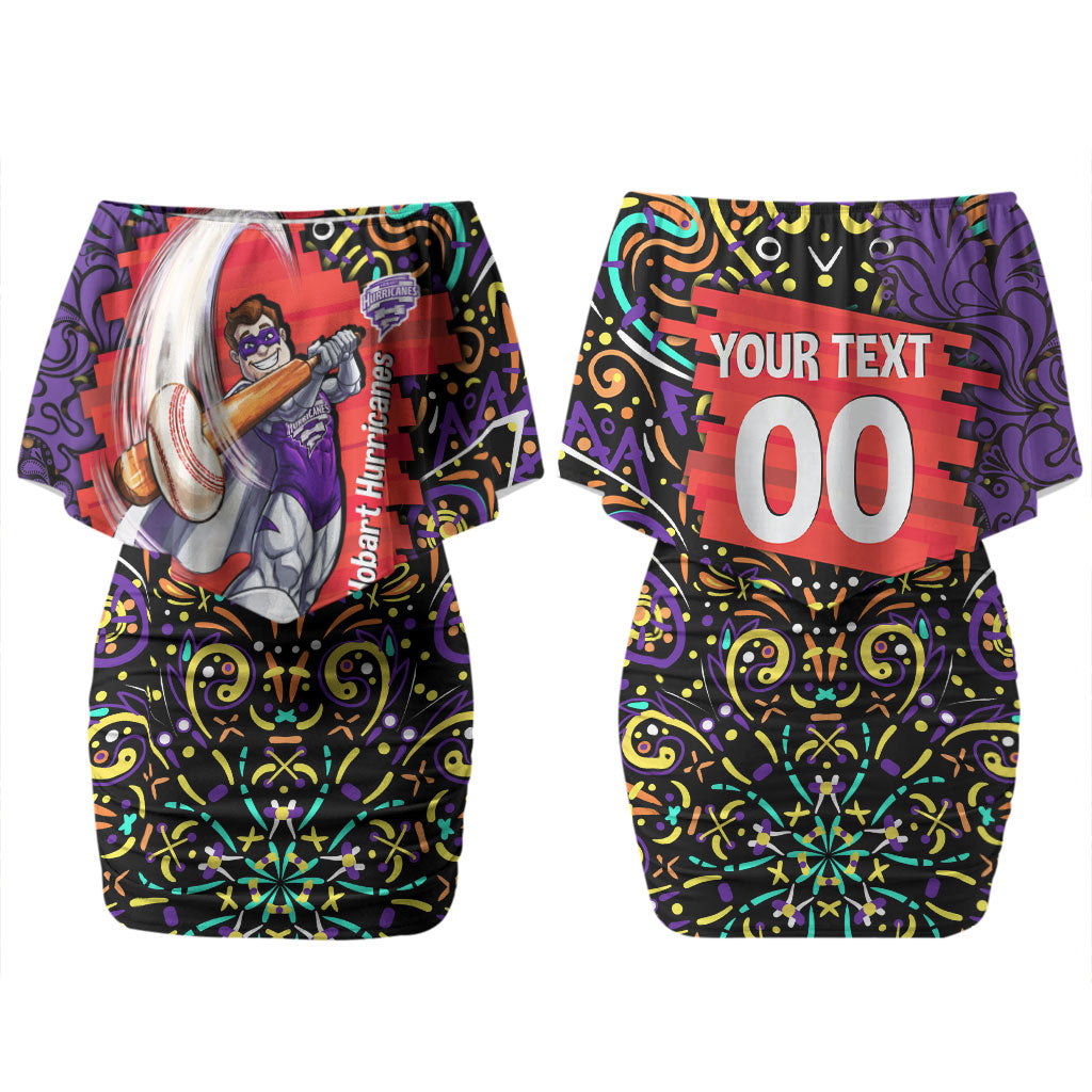 Personalized Hobart Hurricanes Cricket Couples Matching Off Shoulder Short Dress and Long Sleeve Button Shirt Hippie Psychedelic Pattern Vibrant Mandala Art Style