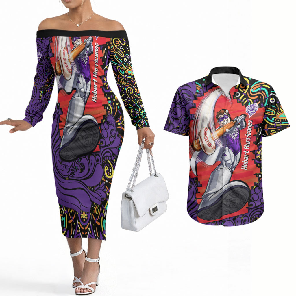 Personalized Hobart Hurricanes Cricket Couples Matching Off The Shoulder Long Sleeve Dress and Hawaiian Shirt Hippie Psychedelic Pattern Vibrant Mandala Art Style