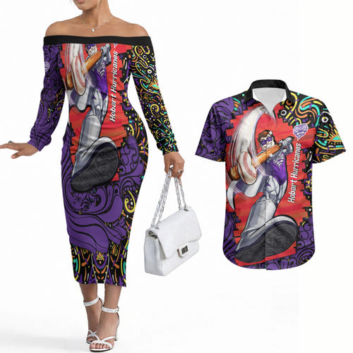 Personalized Hobart Hurricanes Cricket Couples Matching Off The Shoulder Long Sleeve Dress and Hawaiian Shirt Hippie Psychedelic Pattern Vibrant Mandala Art Style