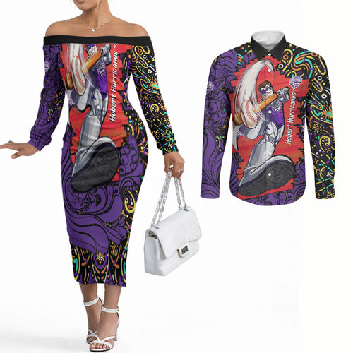 Personalized Hobart Hurricanes Cricket Couples Matching Off The Shoulder Long Sleeve Dress and Long Sleeve Button Shirt Hippie Psychedelic Pattern Vibrant Mandala Art Style