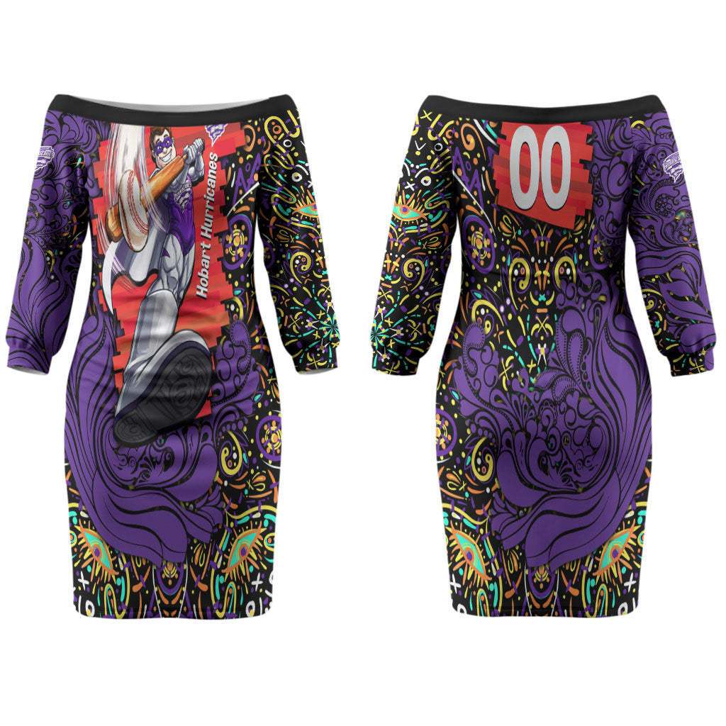 Personalized Hobart Hurricanes Cricket Couples Matching Off The Shoulder Long Sleeve Dress and Long Sleeve Button Shirt Hippie Psychedelic Pattern Vibrant Mandala Art Style