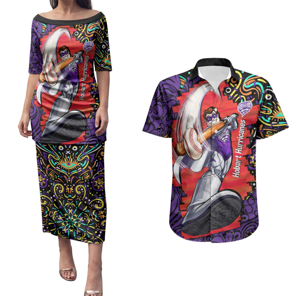 Personalized Hobart Hurricanes Cricket Couples Matching Puletasi and Hawaiian Shirt Hippie Psychedelic Pattern Vibrant Mandala Art Style
