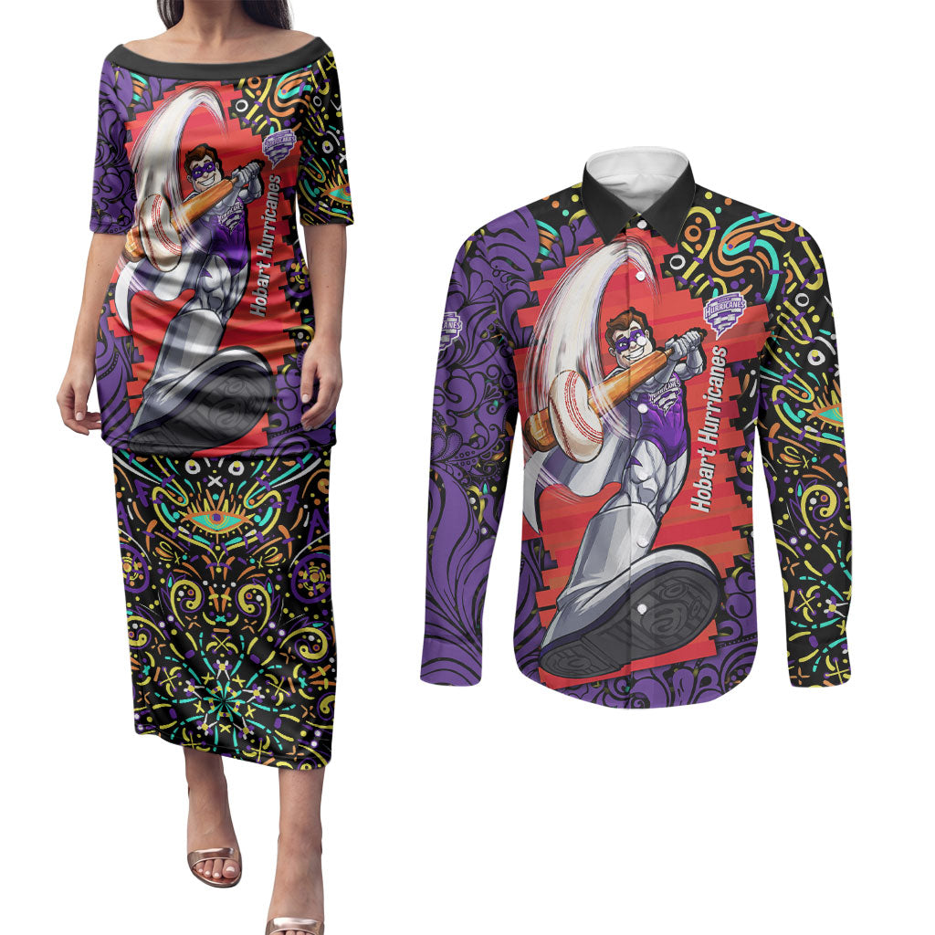 Personalized Hobart Hurricanes Cricket Couples Matching Puletasi and Long Sleeve Button Shirt Hippie Psychedelic Pattern Vibrant Mandala Art Style