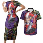 Personalized Hobart Hurricanes Cricket Couples Matching Short Sleeve Bodycon Dress and Hawaiian Shirt Hippie Psychedelic Pattern Vibrant Mandala Art Style