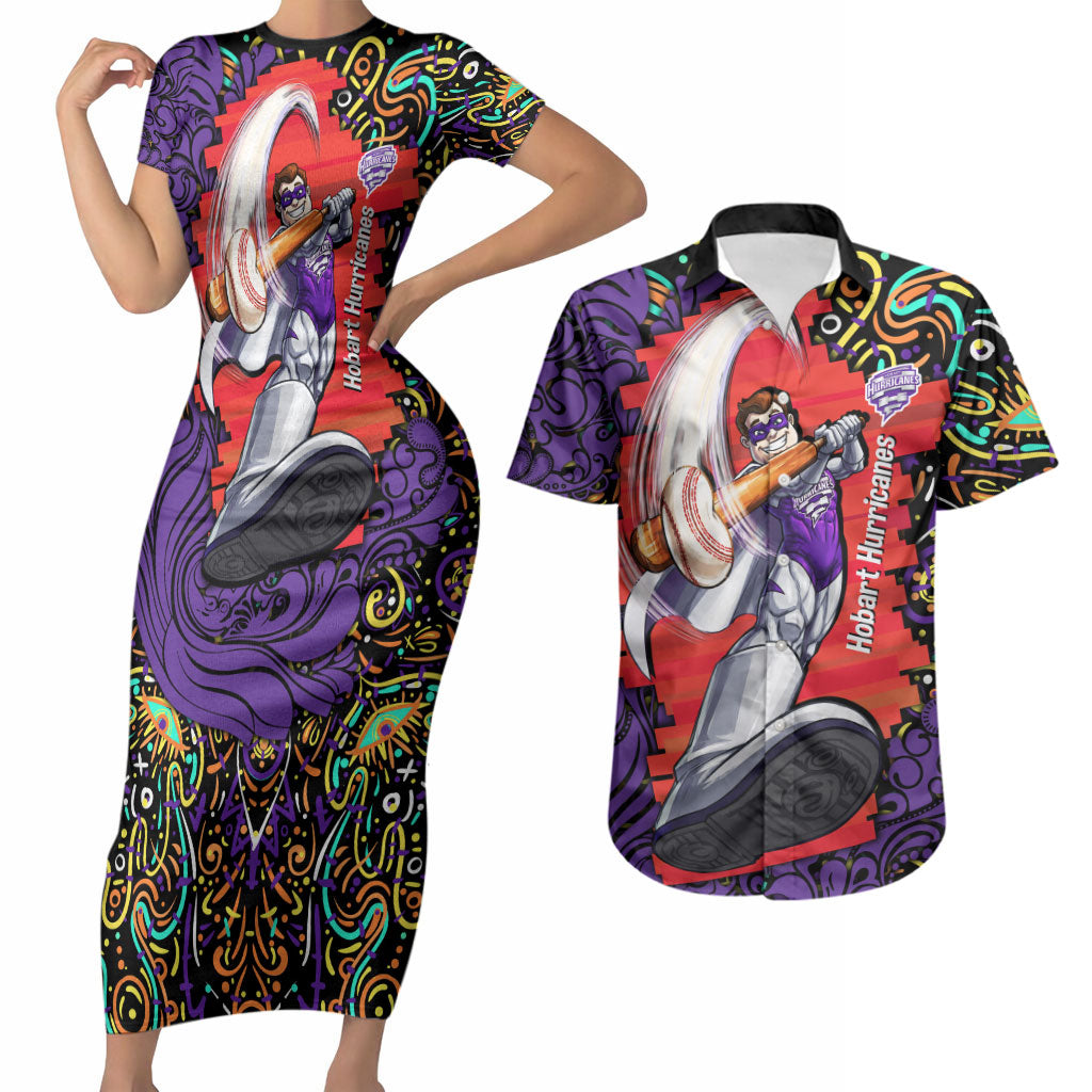 Personalized Hobart Hurricanes Cricket Couples Matching Short Sleeve Bodycon Dress and Hawaiian Shirt Hippie Psychedelic Pattern Vibrant Mandala Art Style