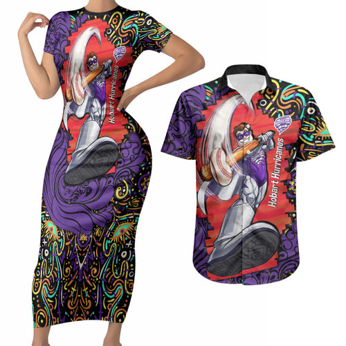 Personalized Hobart Hurricanes Cricket Couples Matching Short Sleeve Bodycon Dress and Hawaiian Shirt Hippie Psychedelic Pattern Vibrant Mandala Art Style