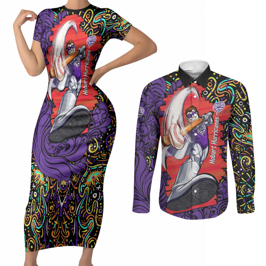 Personalized Hobart Hurricanes Cricket Couples Matching Short Sleeve Bodycon Dress and Long Sleeve Button Shirt Hippie Psychedelic Pattern Vibrant Mandala Art Style