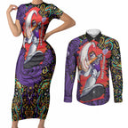 Personalized Hobart Hurricanes Cricket Couples Matching Short Sleeve Bodycon Dress and Long Sleeve Button Shirt Hippie Psychedelic Pattern Vibrant Mandala Art Style