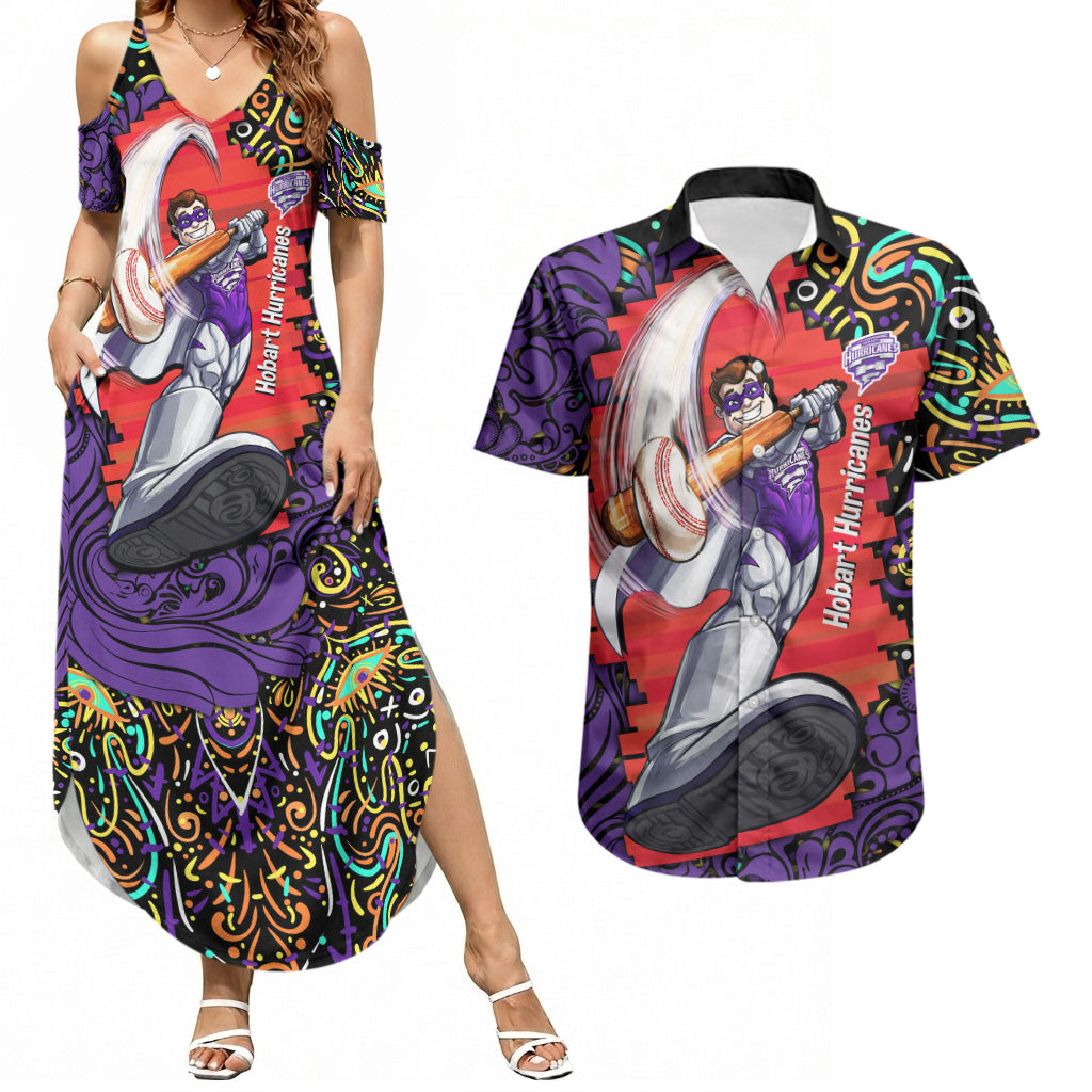 Personalized Hobart Hurricanes Cricket Couples Matching Summer Maxi Dress and Hawaiian Shirt Hippie Psychedelic Pattern Vibrant Mandala Art Style